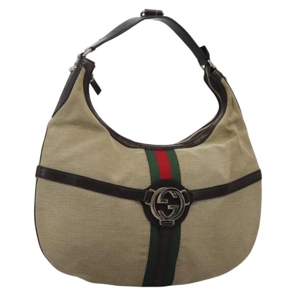 GUCCI Interlocking Web Sherry Line Bag Canvas Beige Silver - Picture 1 of 16